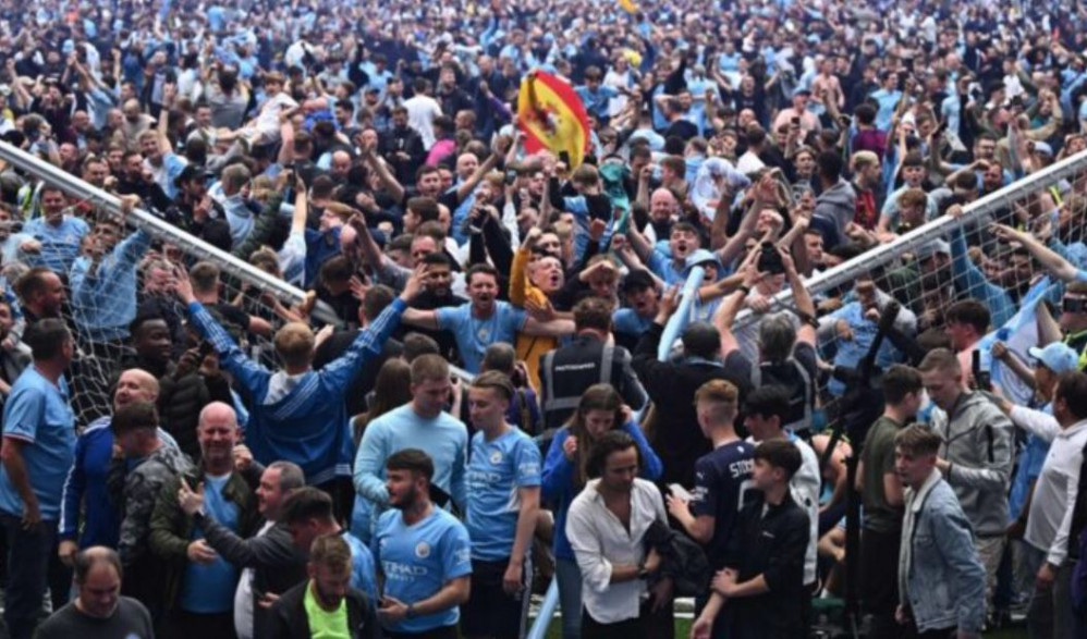 The attack on the Aston Villa goalkeeper Robin Olsen on Sunday cast a shadow of Manchester City’s remarkable comeback win to claim the Premier League title.