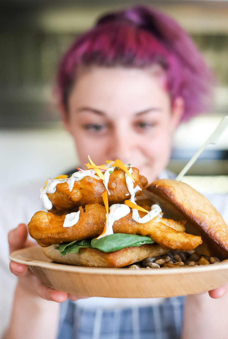 Curried fried fish bap, lime and coriander mayonnaise