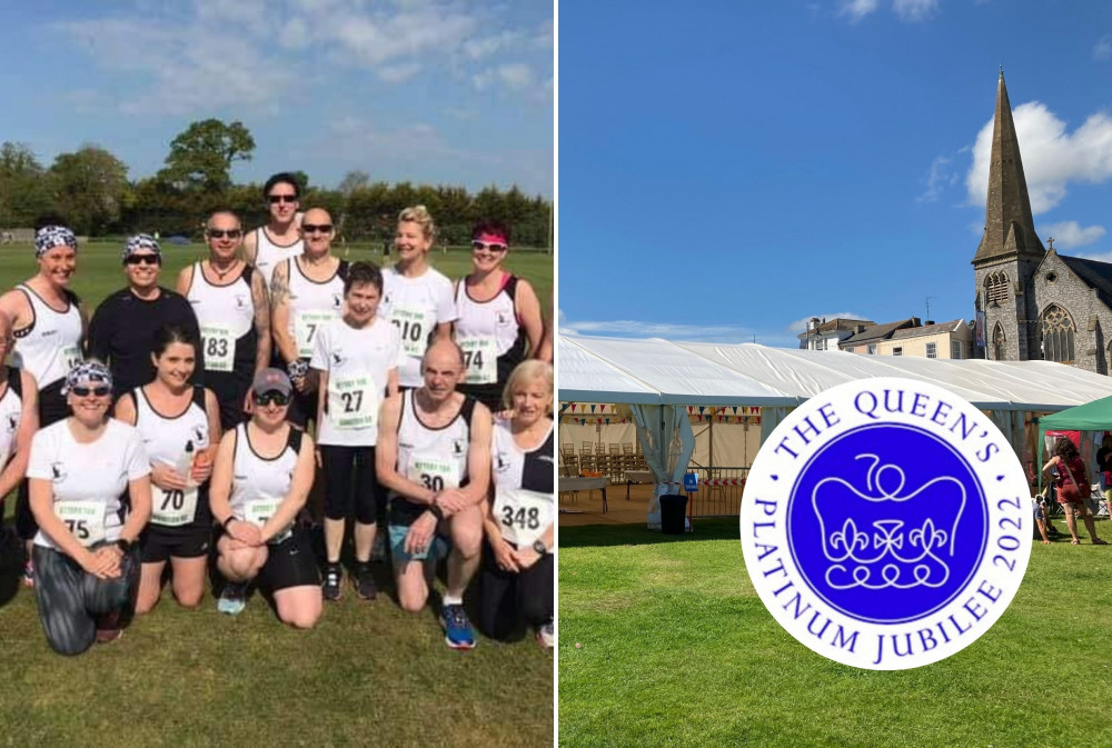 L: Members of the club (Dawlish Coasters). R: The marquee on Dawlish Lawn during Carnival 2021 (Nub News, Will Goddard). Inset: The Queen's Platinum Jubilee emblem