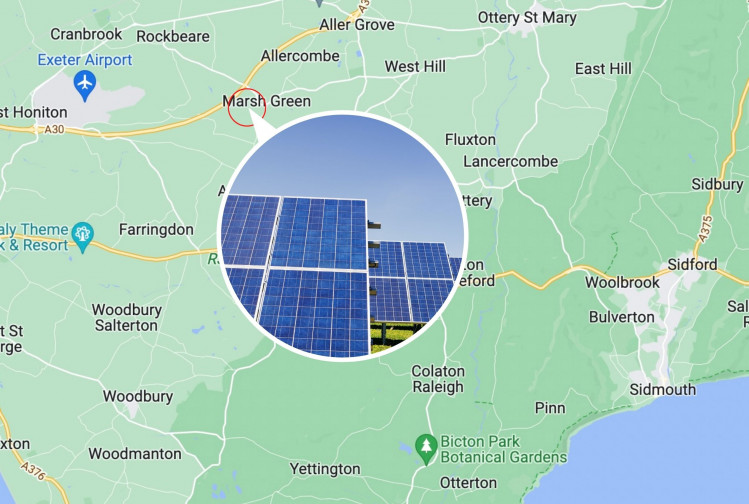 The farm would be built on land neighbouring the A30 (Google Maps). Inset: Example of solar panels (Unsplash)