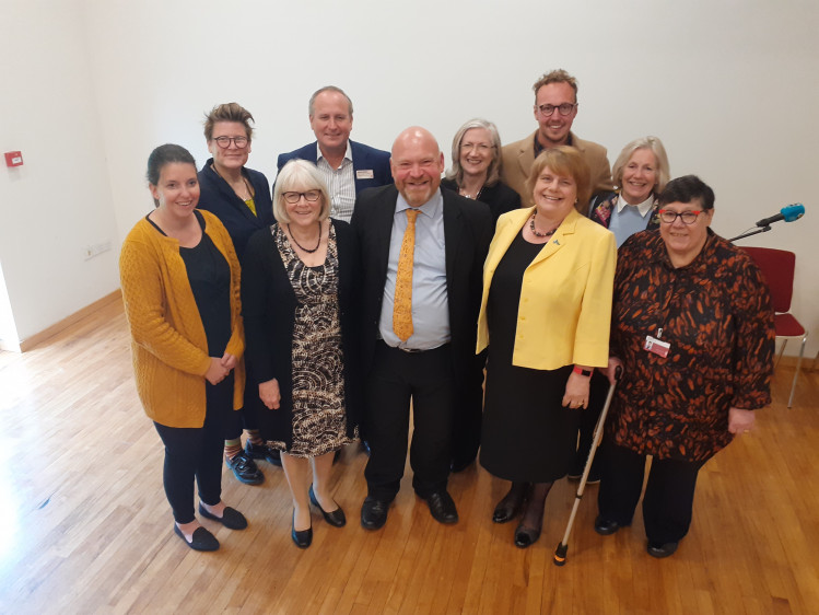 The New Somerset County Council Executive. From Left, Federica Smith Roberts, Sarah Dyke, Liz Leyshon, Mike Rigby, Bill Revans (Leader), Heather Shearer, Adam Dance, Ros Wyke, Tessa Munt, Val Keitch