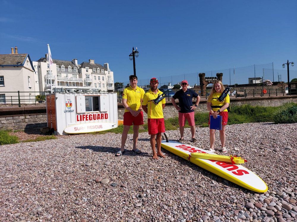 Three returning lifeguards with Lifeguard Project Manager Andrew Dean. L to R: Henry Williams, Guy Russell, Andrew Dean, Eve Cockayne (Sidmouth Independent Lifeboat)