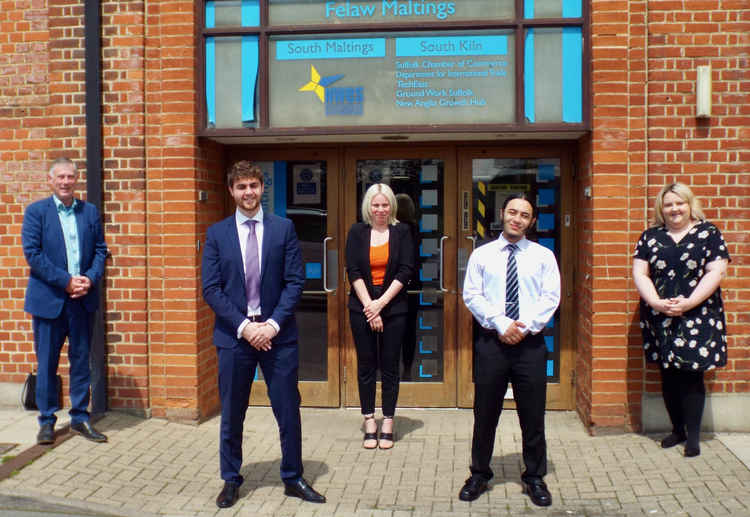 From left to right: Nub News (Suffolk) Derek Davis and Fraser Clements, Donna Baldry (DWP), Muhammod Miah and Emma Alderton from Suffolk Chamber of Commerce Kickstart administration