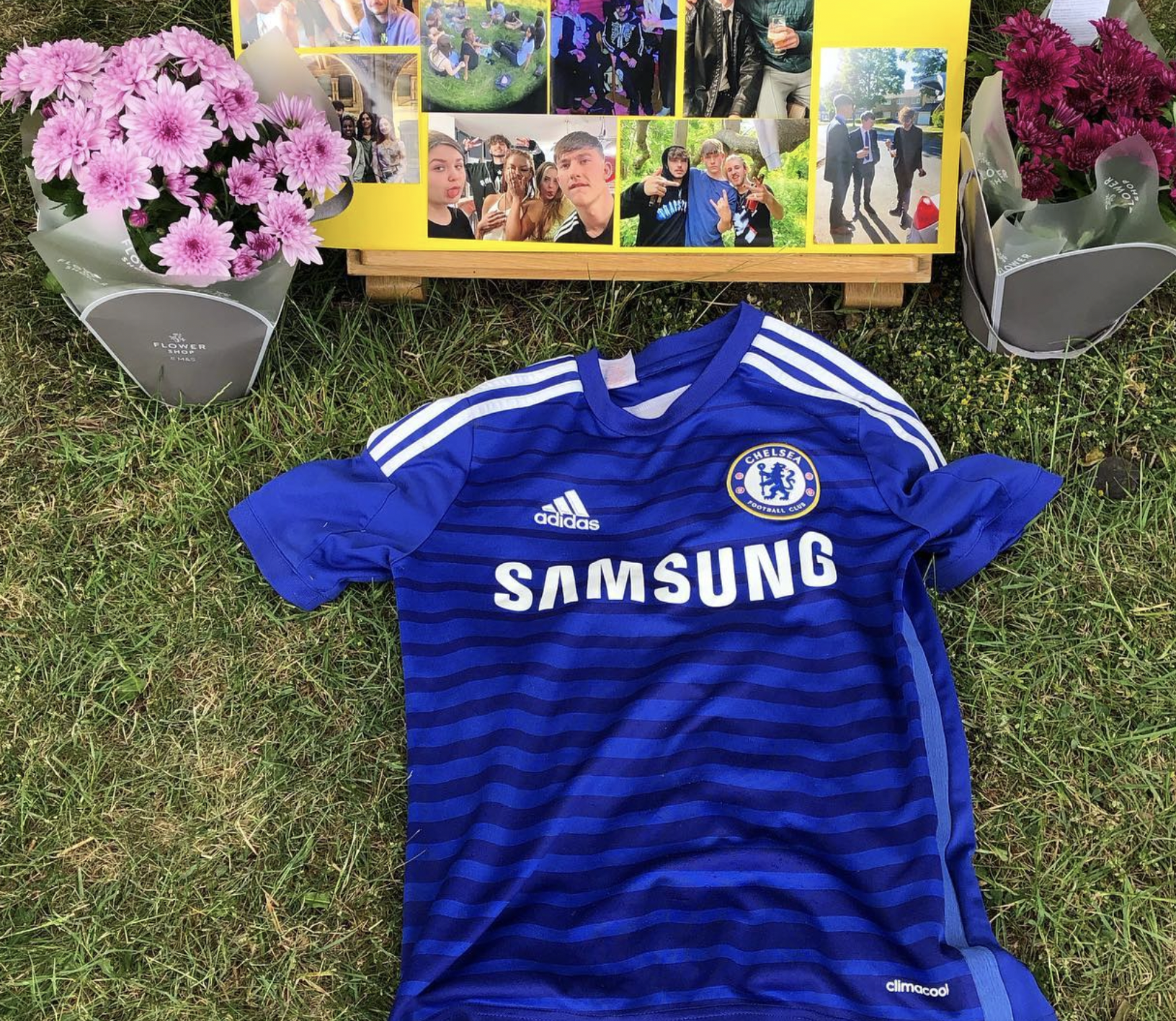 pupils at his school, Saint John Henry Newman Catholic School on Hitchin Road in Stevenage, gathered on Sunday to lay flowers as well as photographs, mementoes and a Chelsea shirt. CREDIT: Saint John Henry Newman School Facebook page 