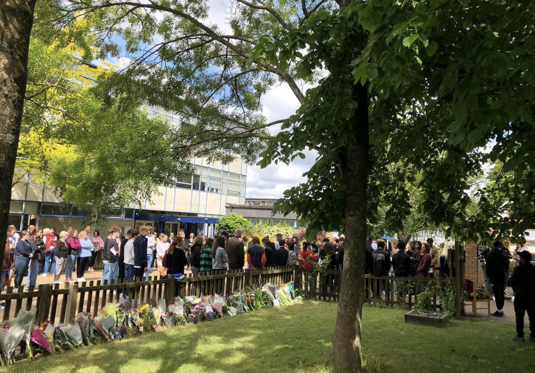 Pupils gather at Saint John Henry Newman school in Stevenage after the murder of Kajetan Migdal. CREDIT: Saint John Henry Newman School Facebook page 