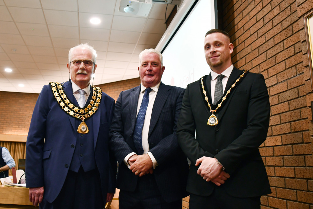 New Chairman of Ashfield District Council, Cllr David Walters, with former Chairman, Cllr Arnie Hankin, and new Vice Chairman, Cllr Dale Grounds 