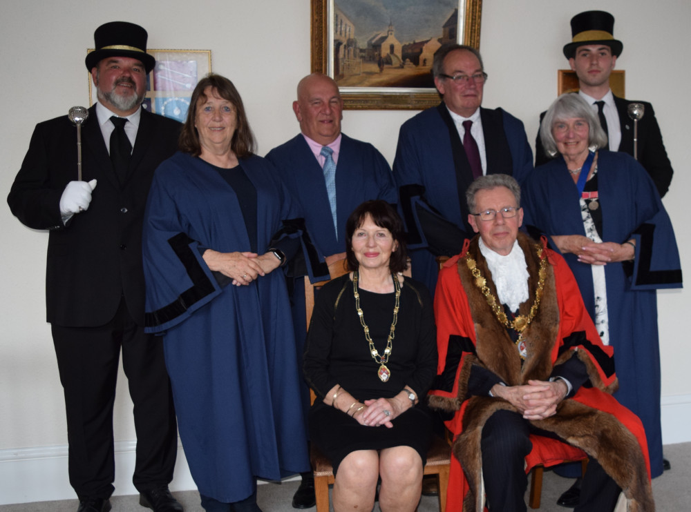 Mayor and mayoress with (L-R) Mace Bearer Barry Jenkins, councillors Beverly Tonkin, Andrew Pritchard, Geraint Baty, Gwen Baty, Mace Bearer Cais Thomas-Jenkins. (Image credit: Mike Wilcock)