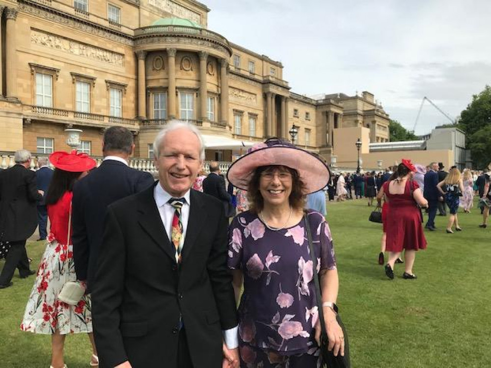 Liz and her husband Harold at the Buckingham Palace garden party last month.