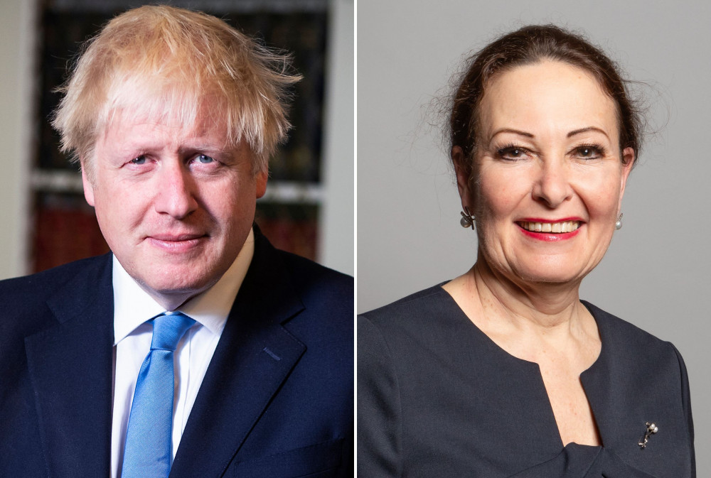 L: Boris Johnson (By Ben Shread / Cabinet Office, OGL 3, https://commons.wikimedia.org/w/index.php?curid=83764351). R: Anne Marie Morris (By Richard Townshend, CC BY 3.0, https://commons.wikimedia.org/w/index.php?curid=86673656)