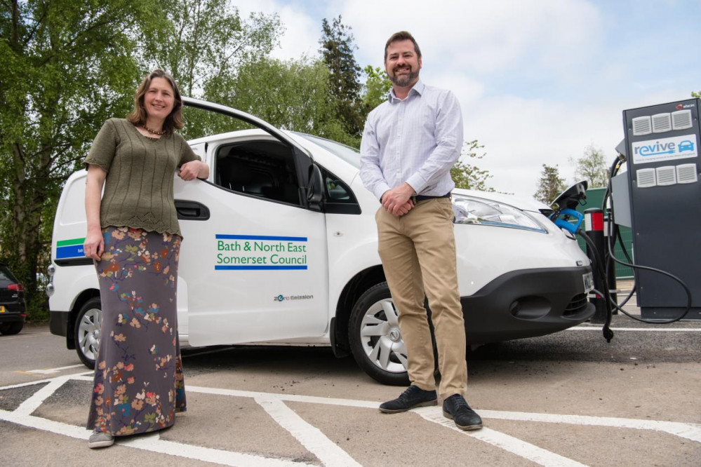  L-R: Councillor Sarah Warren and Councillor Kevin Guy, Council Leader, at one of the new electric vehicle charging points in Bath