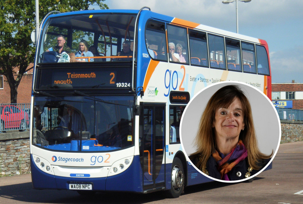 Stagecoach Bus (Graham Richardson, CC BY 2.0, https://commons.wikimedia.org/w/index.php?curid=41696517, changes made). Inset: Cllr Alison Foden, who also represents Dawlish North East on the town council (Dawlish Town Council)