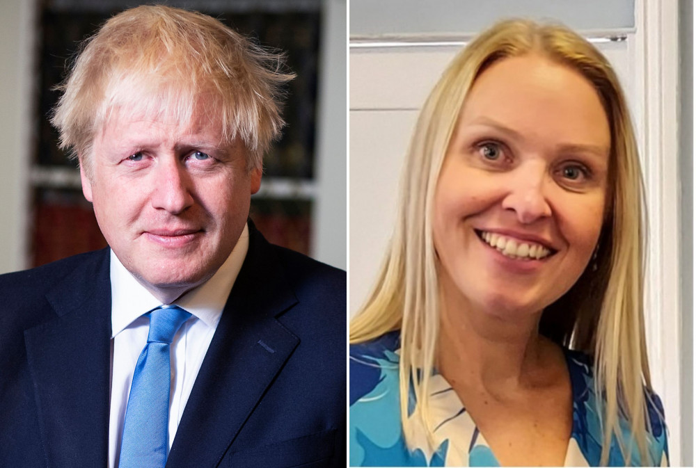 L: Boris Johnson (By Ben Shread / Cabinet Office, OGL 3, https://commons.wikimedia.org/w/index.php?curid=83764351). R: Helen Hurford (Conservative Party)