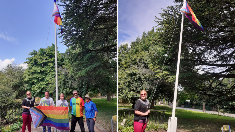 Dan and Healey of Warwickshire Pride join Cllr Samantha Louden-Cooke, Tony Sewell and Alison Insley at Jubilee House (Images supplied)