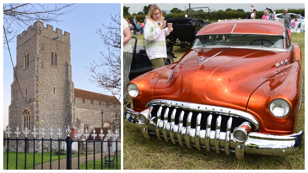 St Andrews Church, Althorne and one of the classic vehicles on show at 'Wheels and Hooves' last July