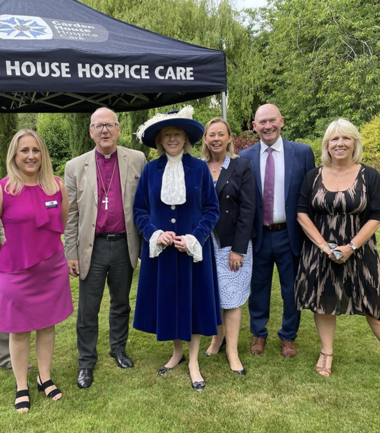 Carla Pilsworth, The Right Reverend Dr Alan Smith, the Bishop of St Albans, High Sheriff of Hertfordshire, Sally Burton, renowned organiser and fundraiser, Sarah-Jane Free, Hospice chair Steve Mellish and chief executive Sue Plummer. CREDIT: Garden House Hospice Care