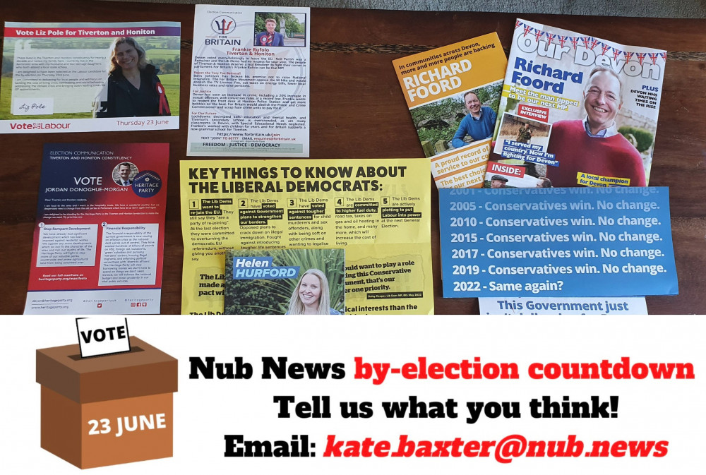 A collection of leaflets from the political parties campaigning in Honiton.  