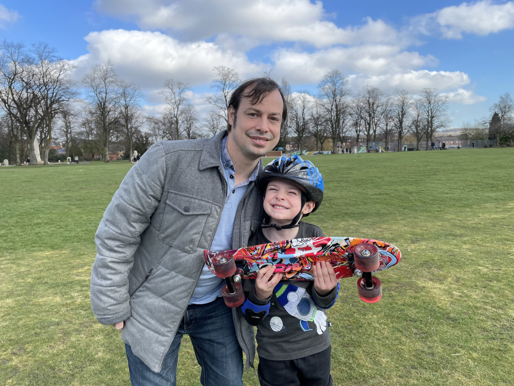 Pictured: Cllr Lee Waters with his son, Alexander, on Titchfield Park in Hucknall. Photo courtesy of Ashfield District Council.