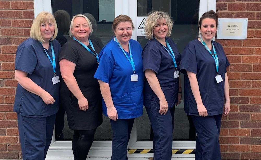 Admiral Nurses from left Kim (Chester), Kelly (Neston & Ellesmere Port), Cathrina (Team Lead, Linda Senior Memory Assessment Nurse (Wirral)  and Anne Senior Admiral Nurse Mariners Park & Chapel House Care