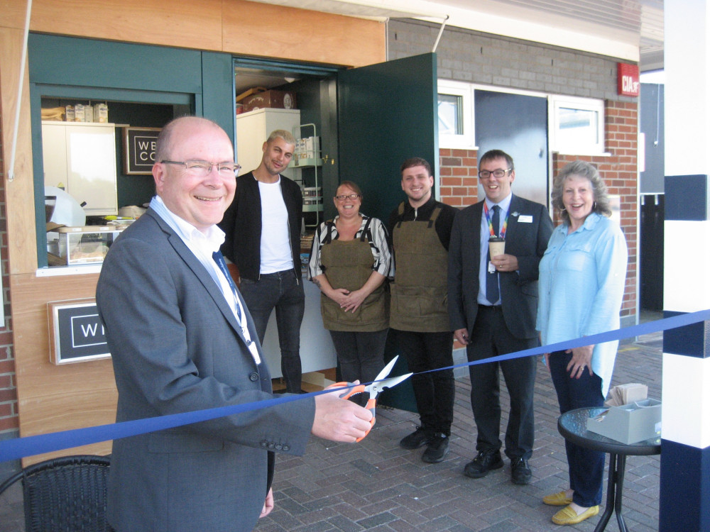 Wilson and Bay Coffee Club opened this week. (Credit: Friends of Honiton Station. Andrew Ardley (SWR), Jonathan Hill, Rachel Edmunds and Goncala Felix (Wilson and Bay Coffee Club), Tim Mears (SWR), Cllr Jenny Brown 