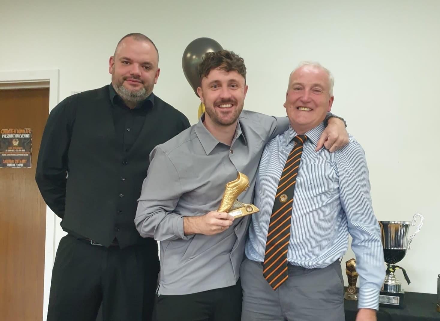 Golden Boot recent for scoring most goals - Josh Wadham pictured with manager Dan Prettejohn and trustee Les Bounds