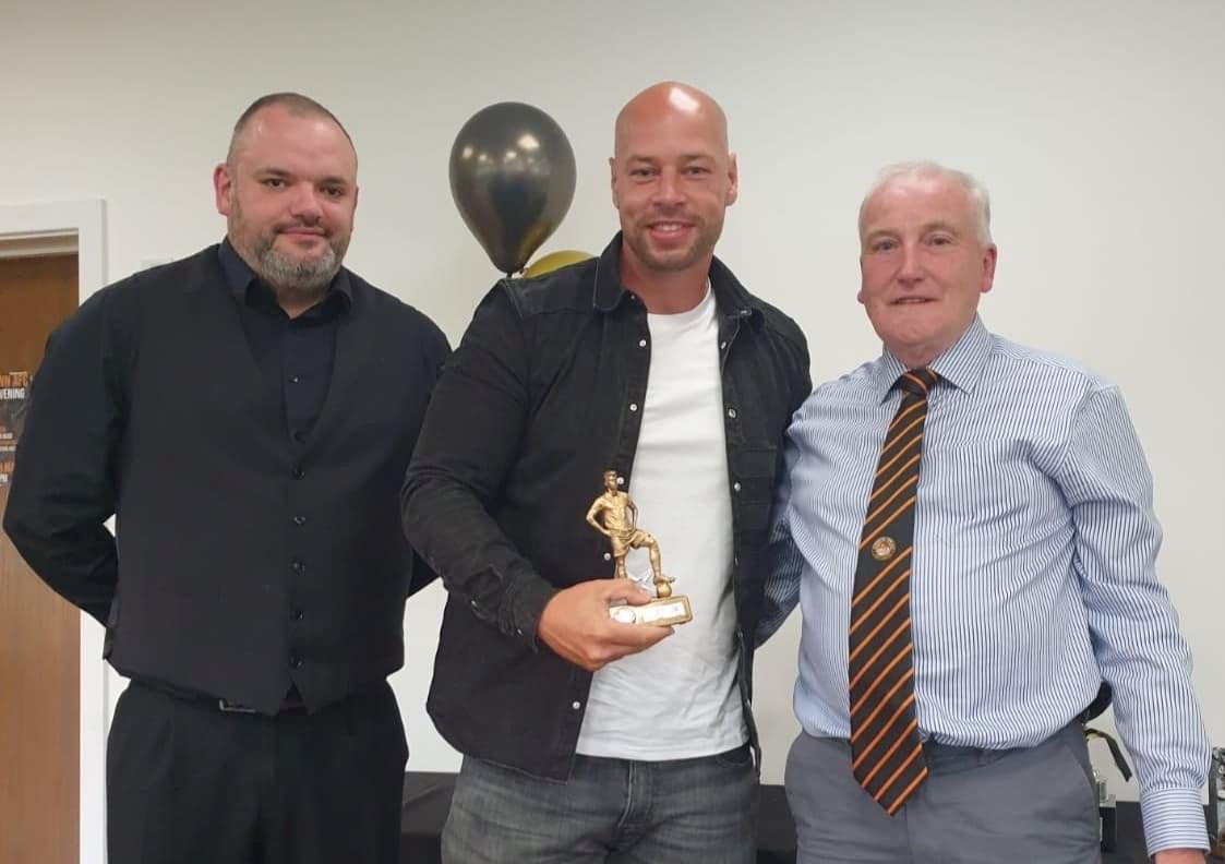 Manager's player of the year - Chris McGrath pictured with manager Dan Prettejohn and trustee Les Bounds