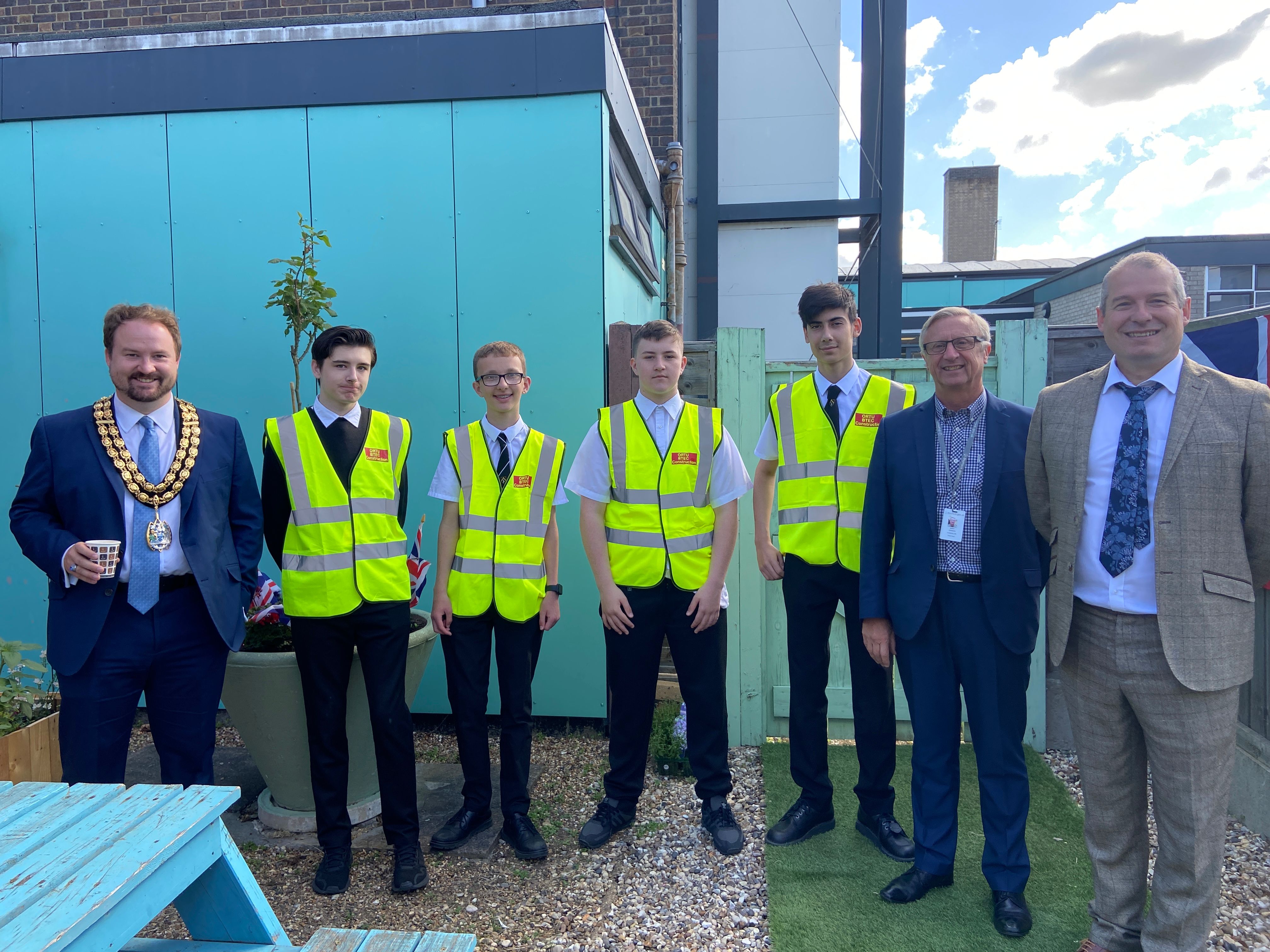 llr Halden with, from left, year ten students Preston Borney, Leo Hawkins, Alfie Bowers and Ryan Cubbitt, Cllr Johnson and head Ceri Evans. 