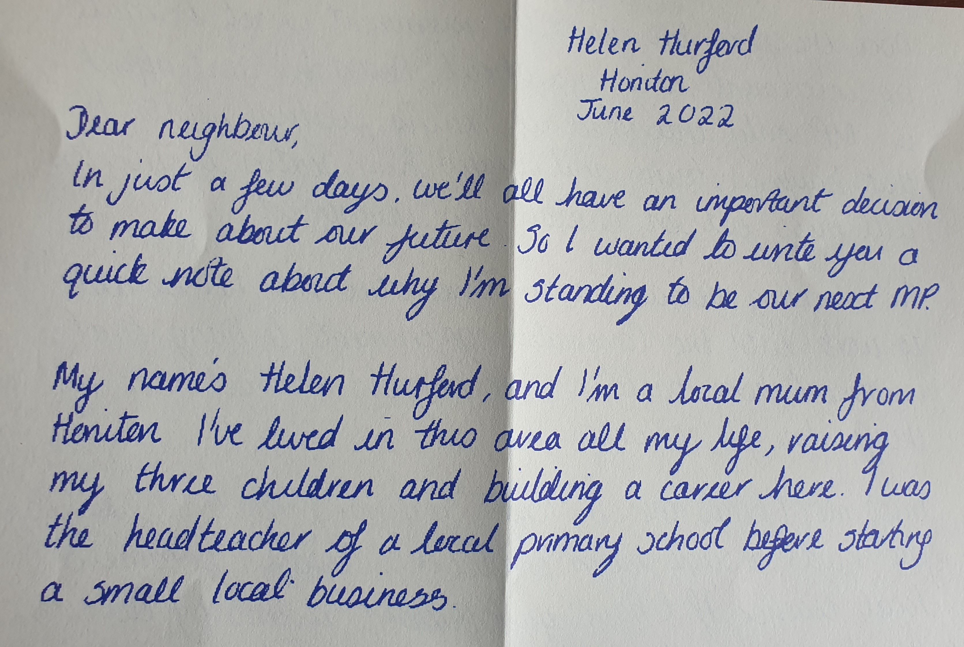 Part of Helen Hurford's letter 