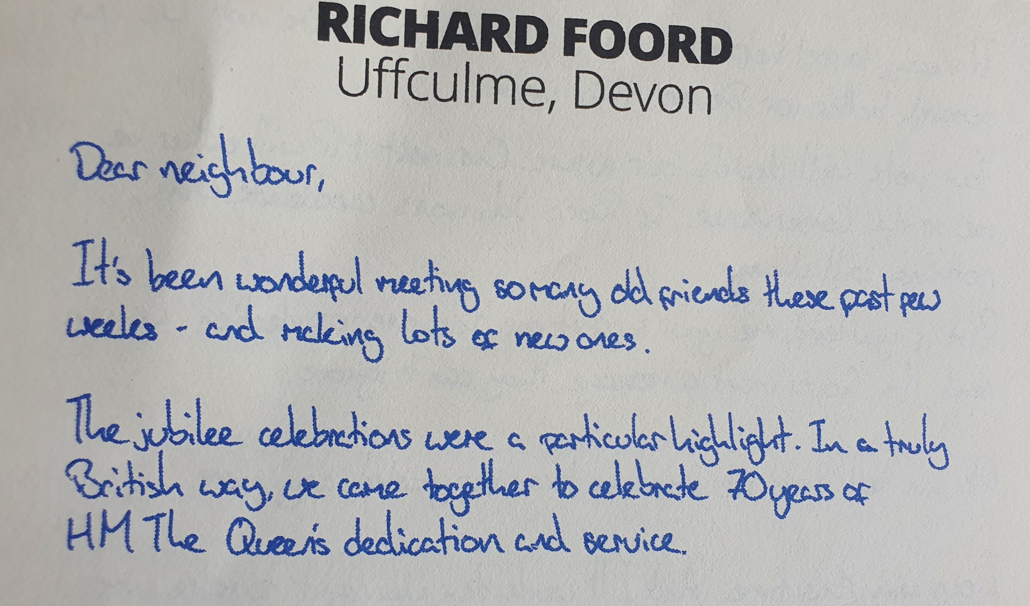 Part of Richard Foord's letter 