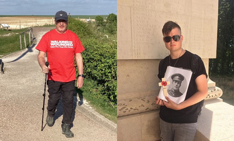 Stephen Benson from Crewe (left) and Max Morrison (right). Max is pictured at Thiepval Memorial, France in 2018. Max was 16 at the time and he is holding the picture of Frank Steer who was a 16-year-old from Cheshire killed in action on the 7 July 1916. (Image - Stephen Benson / The Morrison Family)