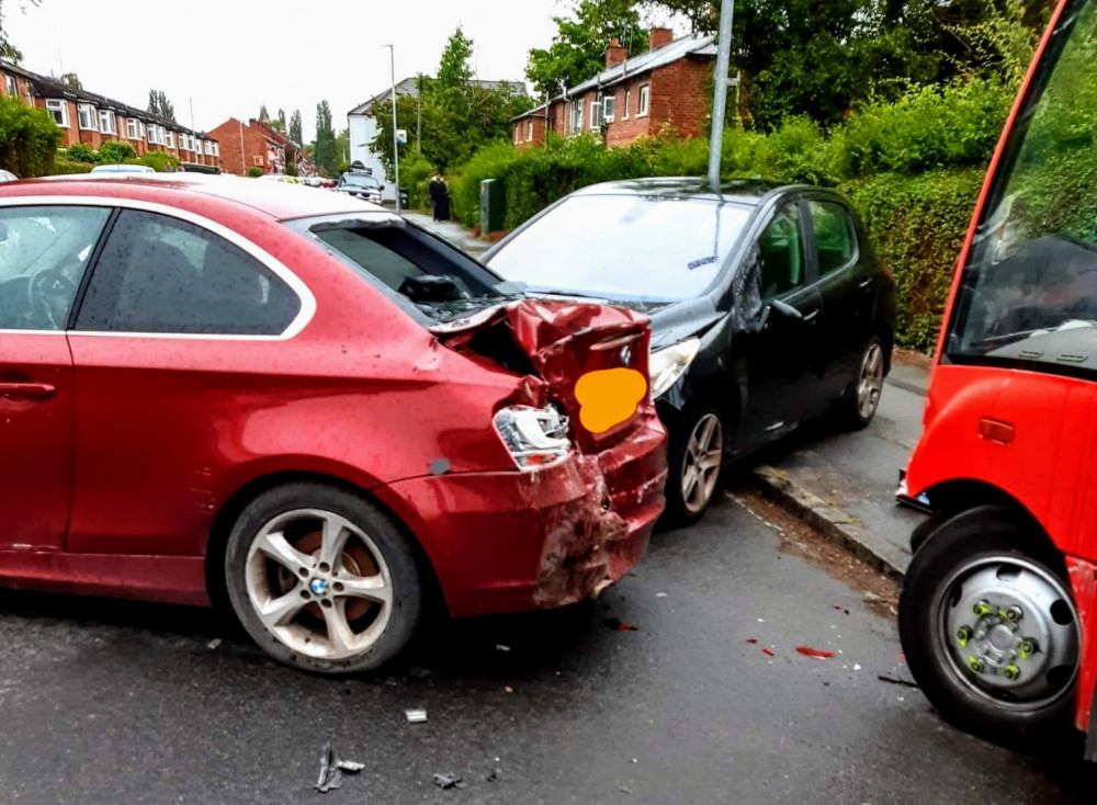 A D&G bus crashed into four parked cars and narrowly missed three children on bikes, Alton Street - Saturday June 18 (Cheshire Police).