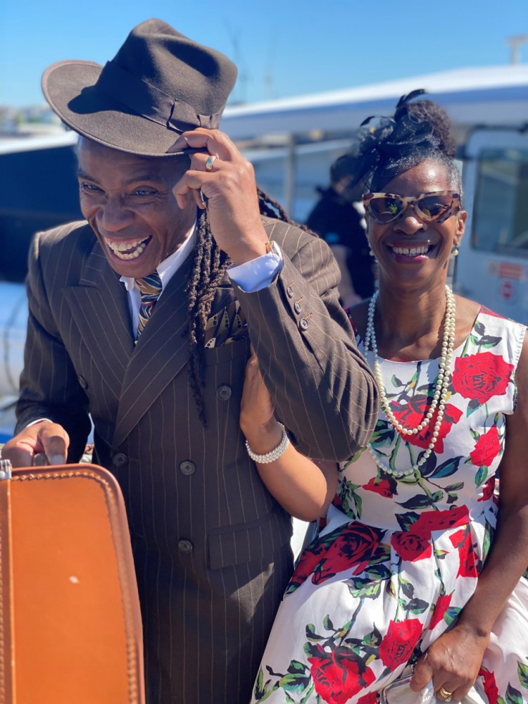 Guests from The Ageless Teenagers organisation disembarking the Thames Clipper at The Port of Tilbury for the Windrush Day celebrations held at London Cruise Terminal