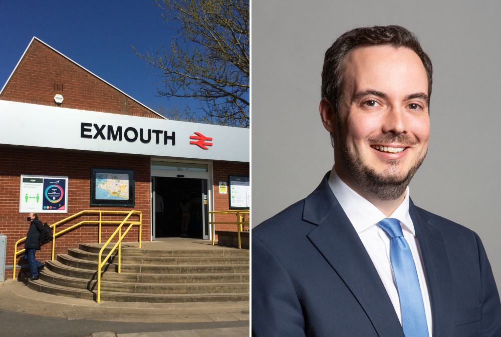 L: Exmouth railway station (Nub News, Will Goddard). R: Simon Jupp MP (By David Woolfall, CC BY 3.0, https://commons.wikimedia.org/w/index.php?curid=86665477, changes made)