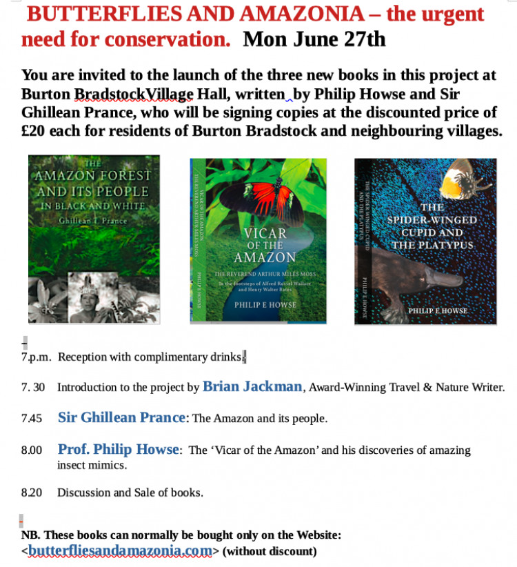 Three new books will be launched by The Butterflies and Amazonia Project in Burton Bradstock 