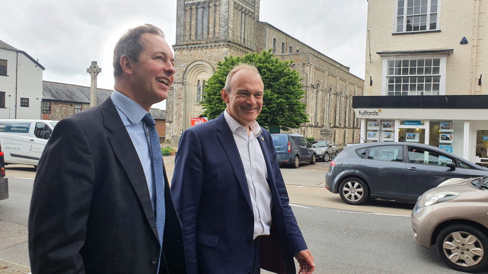 Liberal Democrat leader Ed Davey with newly-elected MP Richard Foord on Honiton High Street.
