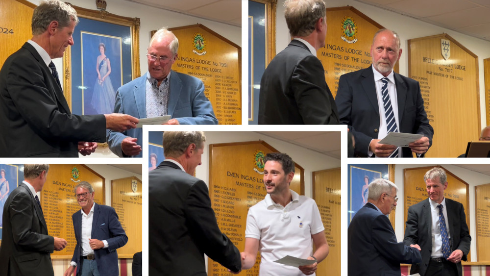 Top row, left to right: Lodge Master Colin Corby with representatives from the Price Charity Scheme and the Joseph Henry Unwin Sick Poor Fund. Bottom row, left to right: Colin with representatives from Chelmer Blackwater Reserve CIC, RLSS Essex and the Gepp Charity (Photos: Ben Shahrabi)