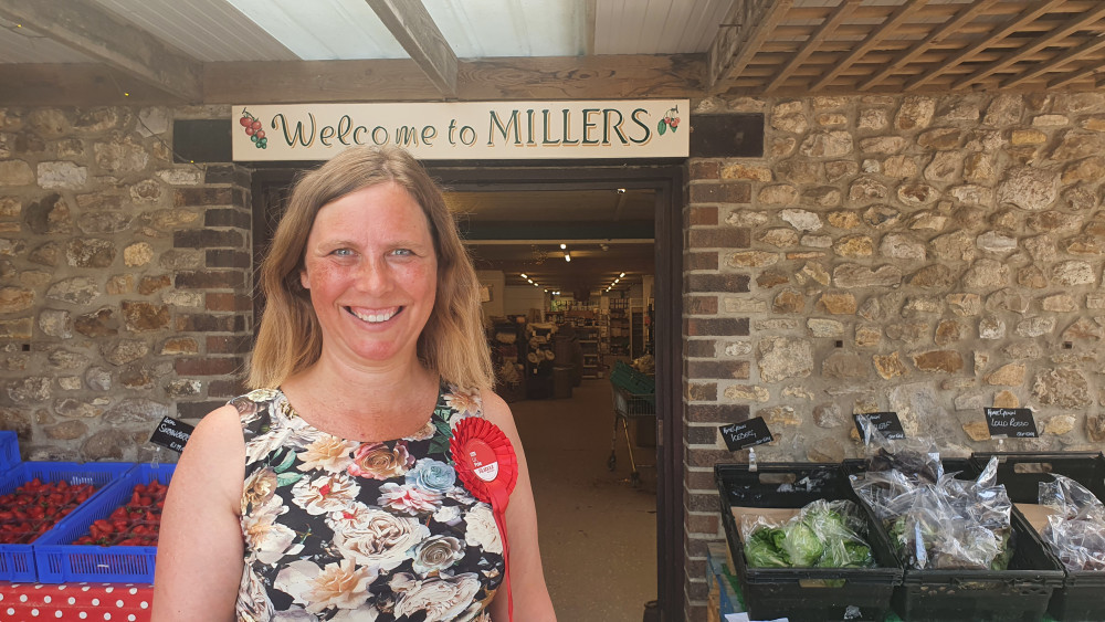 Liz Pole, the Labour Candidate, outside Millers Farm Shop near Axminster