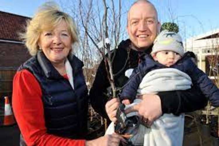 Cllr Elisabeth Malvisi, Babergh's Independent cabinet member for climate change, biodiversity and sustainable transport, hands over tree for new baby