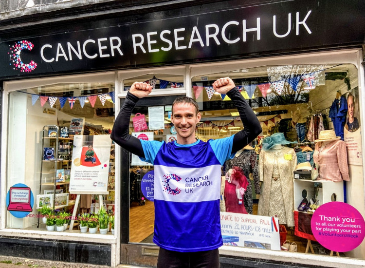 Paul Dean outside Cancer Research in Nantwich town centre - following his 93-mile run (Jonathan White). 