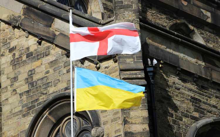 (Image - Ukraine and England flags outside St. Peter's Church on Windmill Street by Alexander Greensmith / Macclesfield Nub News)