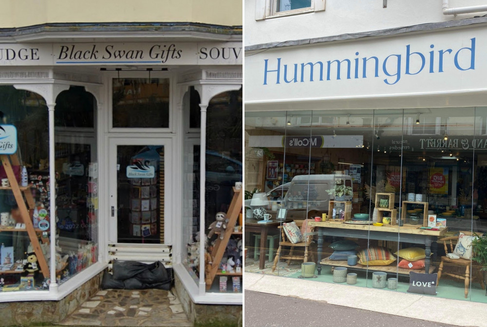 L: Black Swan Gifts on Brunswick Place, Dawlish (Google Maps). R: Hummingbird Gifts and Homeware on Fore Street, Sidmouth (Tiffany Leach)