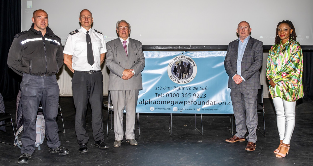 Ken and Amaka Lawton of the Alpha Omega Women, Peace and Security (WPS) Foundation (right) with Cheshire Police and Crime Commissioner John Dwyer, Head of Local Policing Chief Superintendent Peter Crowcroft and Nantwich beat manager Marc Harley (Jan Roberts).