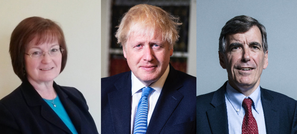 Janet Clowes, Boris Johnson, David Rutley. (Image - Cheshire East Conservatives / © MoD/Crown Copyright / Richard Townshend)
