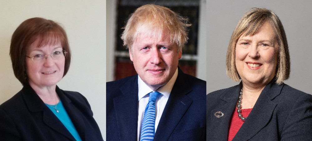 Janet Clowes, Boris Johnson, and Congleton's Fiona Bruce. (Image - Cheshire East Conservatives / © MoD/Crown Copyright / Richard Townshend)