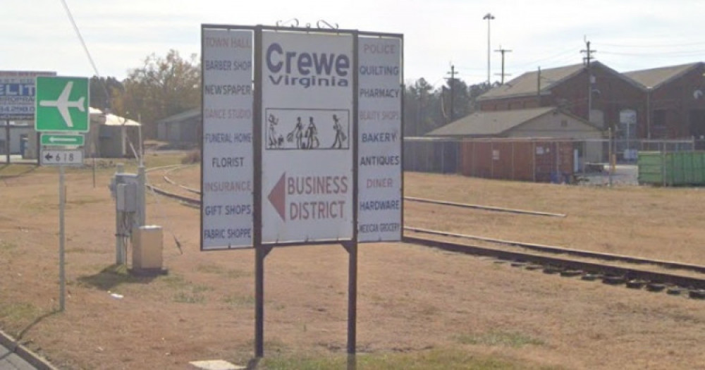 Crewe, Virginia, United States, has backed Crewe's Great British Railways HQ bid as it makes the final six (Google Street View).