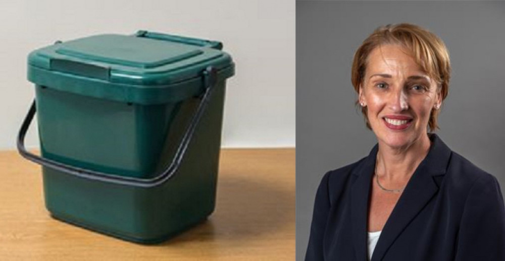 Cllr Sarah Pochin and a food waste caddy. (Image - Cheshire East Council)