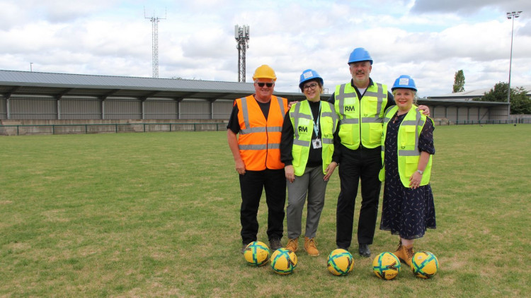 Pictured left to right: Hucknall Town Chairman Bob Scotney, along with members of RM's Senior Management team, Joanne Smith, Chris Chaplin and Andrea Harrison at The RM Stadium. Photo courtesy of Hucknall Town FC.