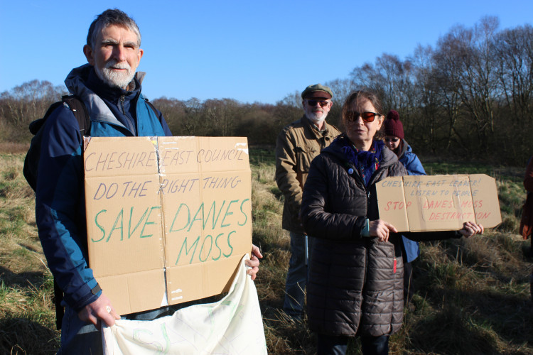 Danes Moss housing plans: Campaigners at the affected site earlier this year. (Image - Alexander Greensmith / Macclesfield Nub News)