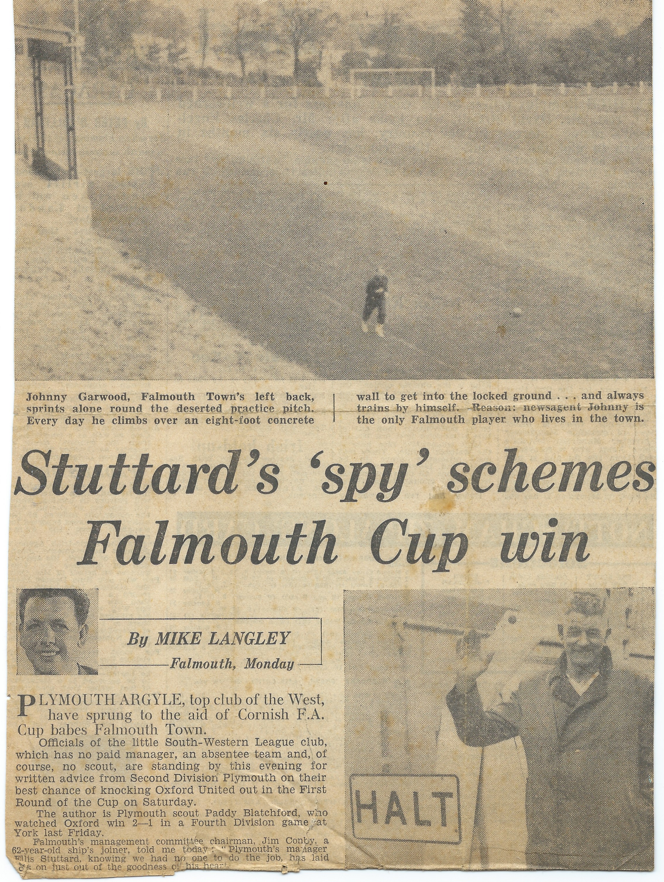 “Loneliest footballer in the Cup.” John Garwood trains alone at Bickland Park in the build-up to the Oxford match, as featured in the Daily Express.