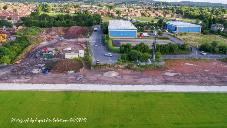 Hucknall Town Football Club have asked fans not to visit the construction site of their new stadium. Pictured: An aerial view of Hucknall Town's new ground from when the development began. Photo credit: Aspect Air Solutions.