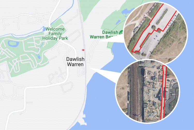 Dawlish Warren (Google Maps). Inset: Areas where maintenance will be carried out (TDC)